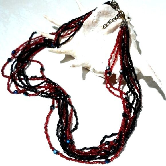Black Red Seed Bead Necklace 8 Multi Strand Festival Classic - Picture 3 of 8